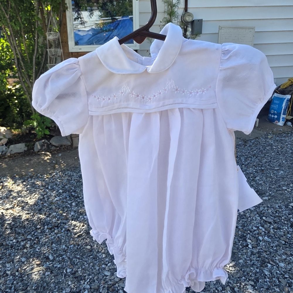 Vintage Carriage Boutique Classic Pale Pink And White Baby Romper